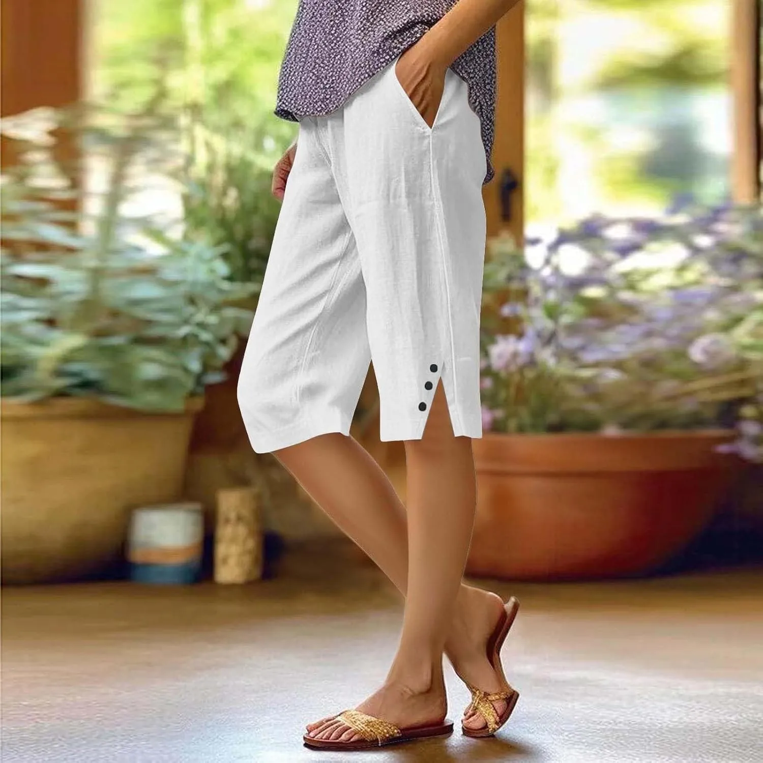Capri Pants for Women Bermuda Shorts 2025 High Waisted Wide Leg Cropped Linen Pants Casual Palazzo Pant with Pockets