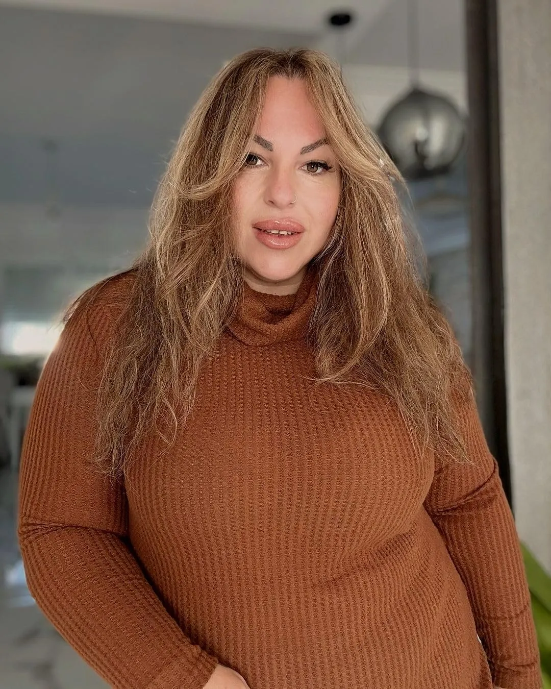 CARCOS Womens Plus Size Turtleneck Sweaters Long Sleeve Waffle Knit Tops Side Spilt Solid T-Shirts for Fall Winter