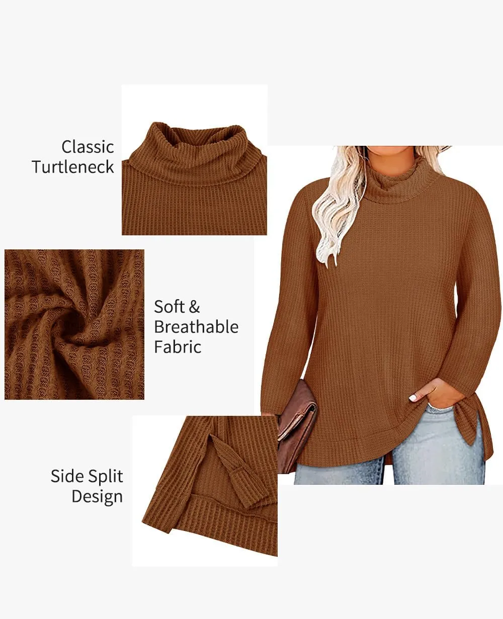 CARCOS Womens Plus Size Turtleneck Sweaters Long Sleeve Waffle Knit Tops Side Spilt Solid T-Shirts for Fall Winter