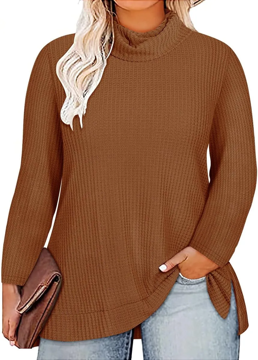 CARCOS Womens Plus Size Turtleneck Sweaters Long Sleeve Waffle Knit Tops Side Spilt Solid T-Shirts for Fall Winter