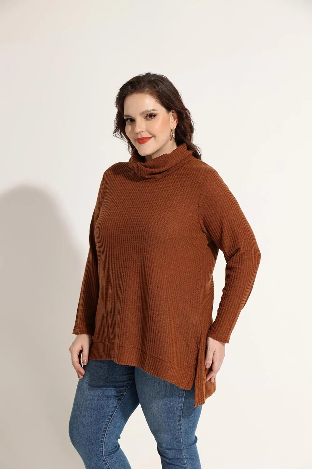 CARCOS Womens Plus Size Turtleneck Sweaters Long Sleeve Waffle Knit Tops Side Spilt Solid T-Shirts for Fall Winter