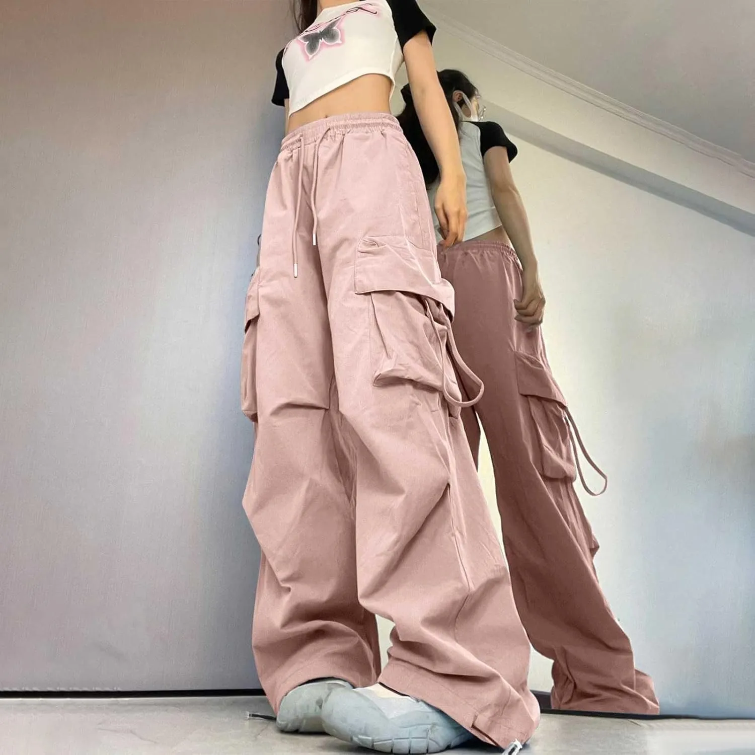 Cargo Pants Women Fashion High Waisted Parachute Pants Y2k Straight Trousers Casual Pants with Pockets