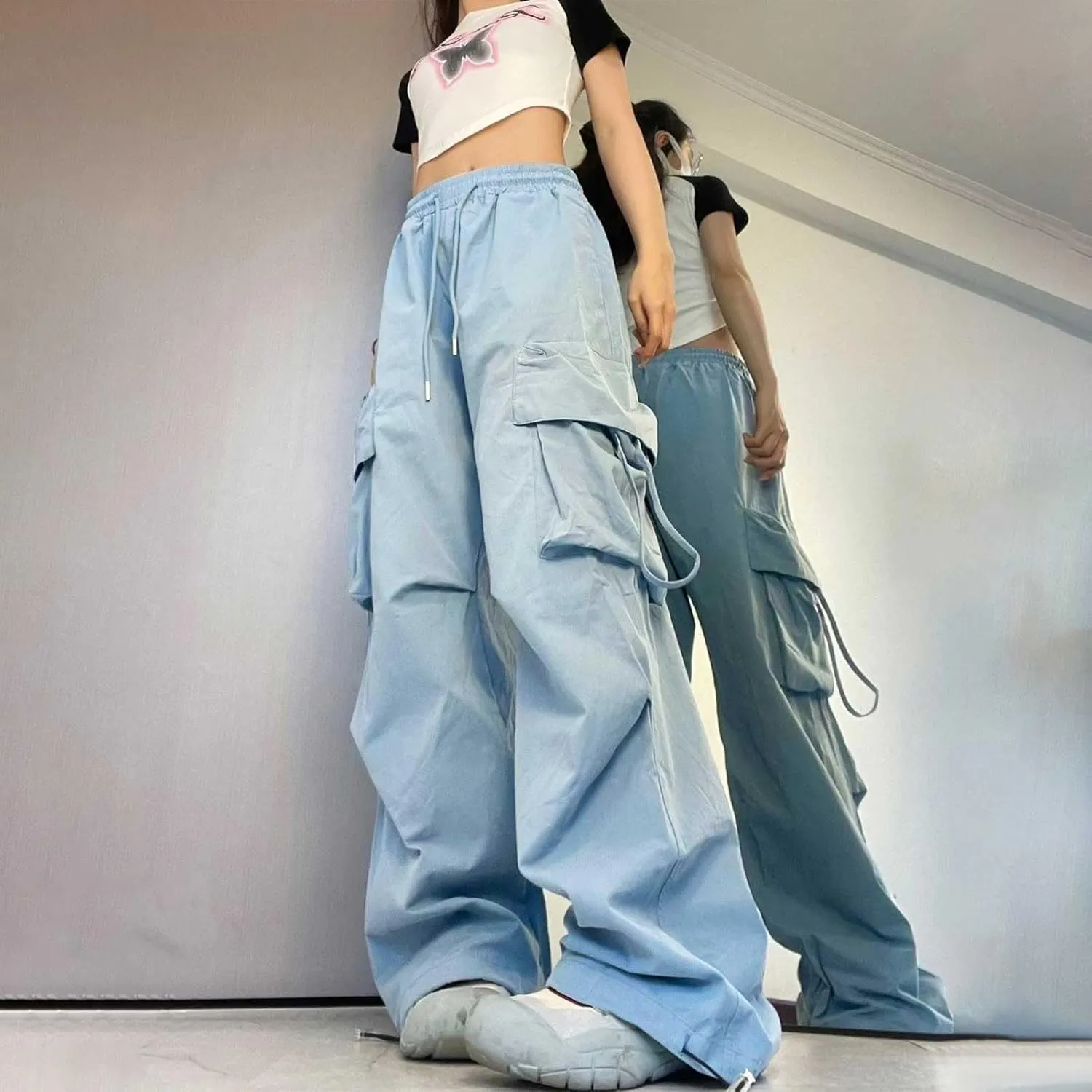 Cargo Pants Women Fashion High Waisted Parachute Pants Y2k Straight Trousers Casual Pants with Pockets