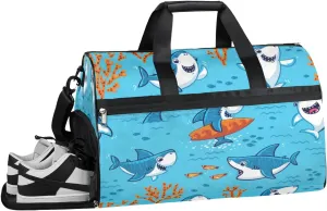 Cartoon Sharks Sports Gym Bag with Wet Pocket & Shoes Compartment Waterproof Workout Duffel Bag for Women and Men Weekender Overnight Duffle Bag Travel Carry-on Tote