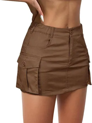 Century Star Womens Y2k Low Waist Mini Cargo Denim Skirt Button Bodycon with Pocket