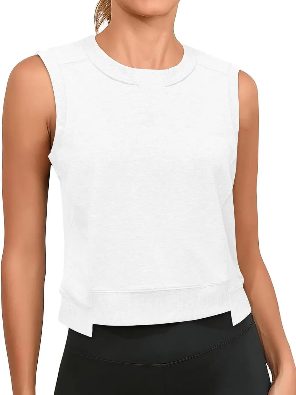 Cicy Bell Womens Cropped Workout Tank Tops Summer Casual Sleeveless Sweatshirts Athletic Gym Crew Neck Tees