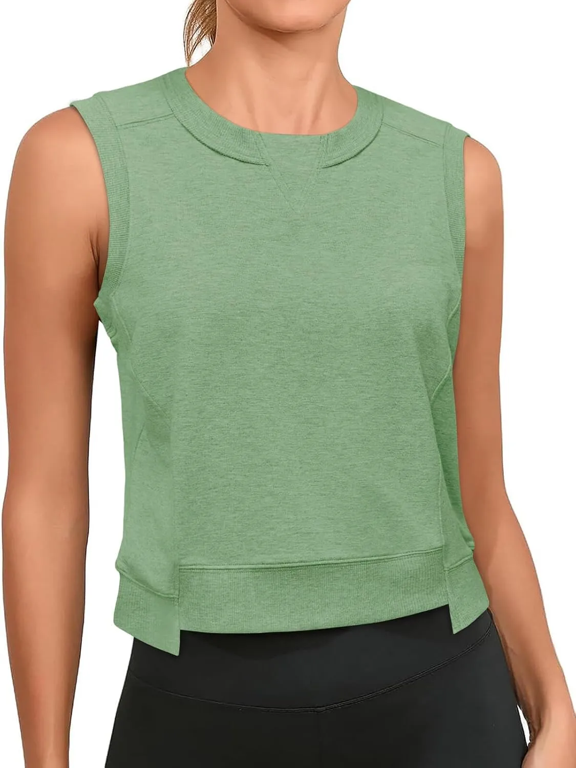 Cicy Bell Womens Cropped Workout Tank Tops Summer Casual Sleeveless Sweatshirts Athletic Gym Crew Neck Tees