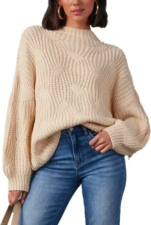 cordat Womens Sweaters 2024 Cute Elegant Soft Crewneck Dropped Shoulders Long Sleeve Cable Knit Pullover Tops