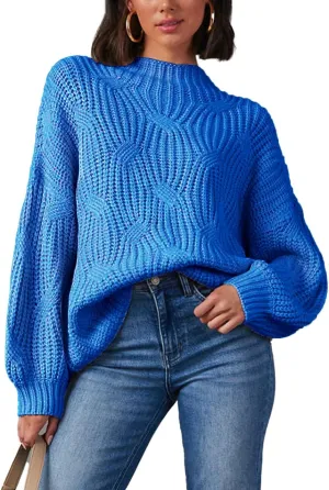 cordat Womens Sweaters 2024 Cute Elegant Soft Crewneck Dropped Shoulders Long Sleeve Cable Knit Pullover Tops