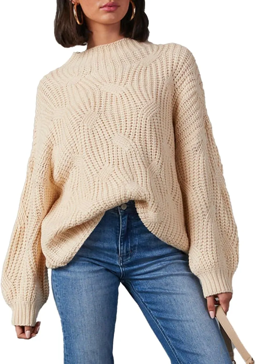 cordat Womens Sweaters 2024 Cute Elegant Soft Crewneck Dropped Shoulders Long Sleeve Cable Knit Pullover Tops