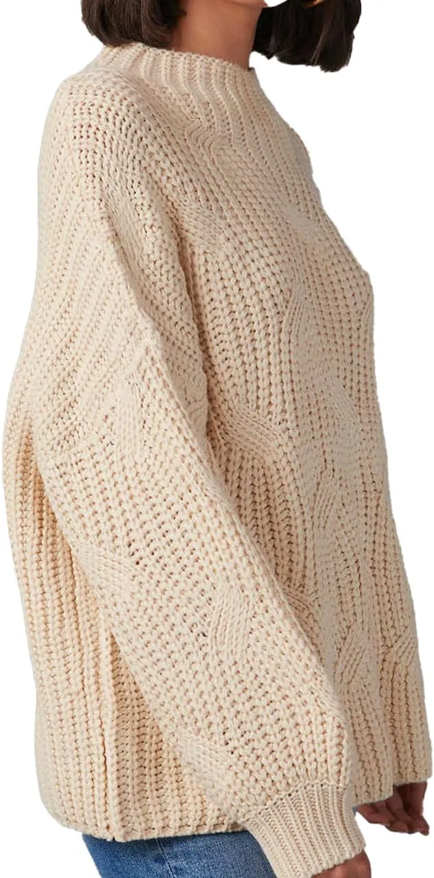 cordat Womens Sweaters 2024 Cute Elegant Soft Crewneck Dropped Shoulders Long Sleeve Cable Knit Pullover Tops