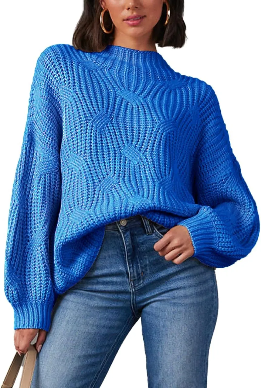 cordat Womens Sweaters 2024 Cute Elegant Soft Crewneck Dropped Shoulders Long Sleeve Cable Knit Pullover Tops