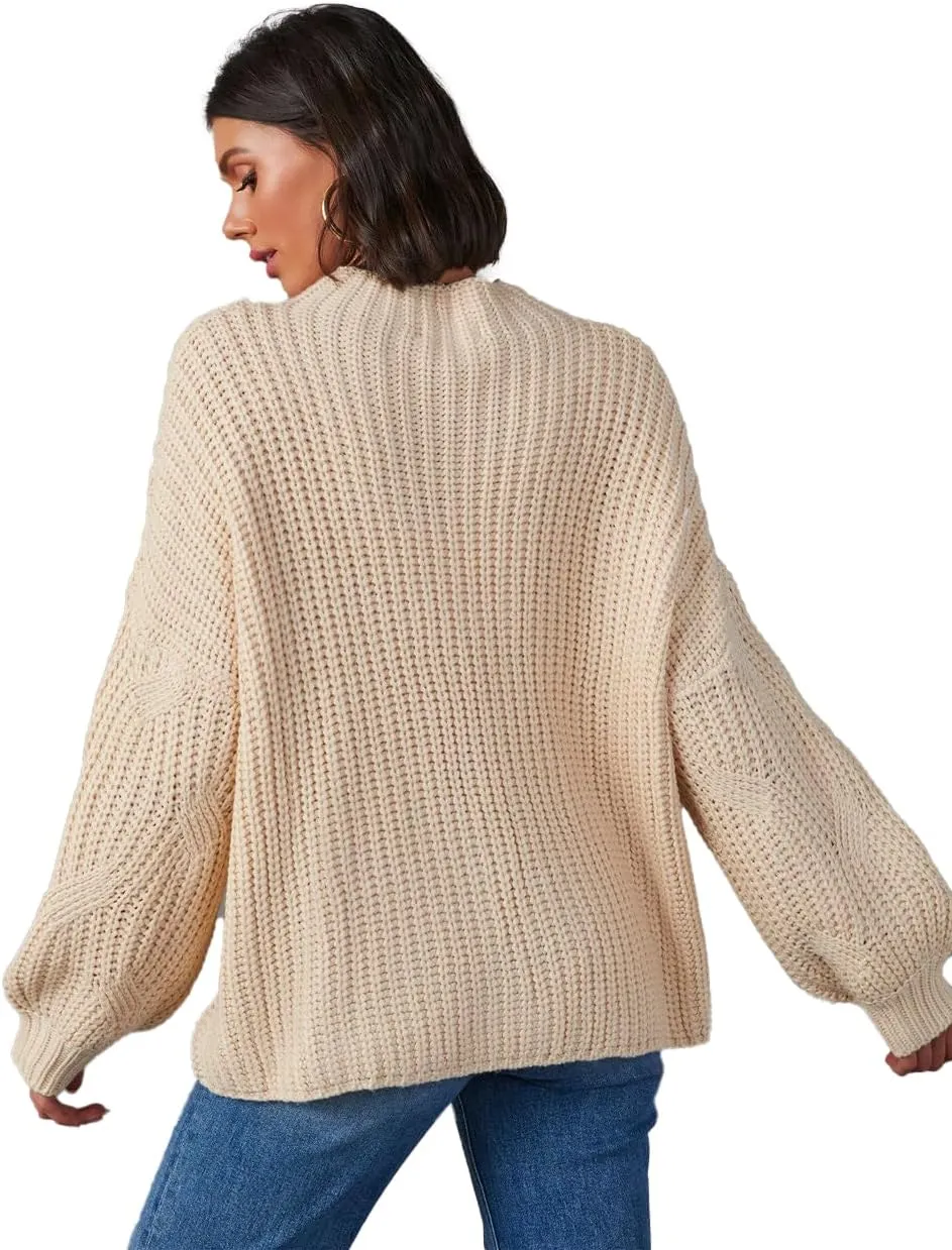 cordat Womens Sweaters 2024 Cute Elegant Soft Crewneck Dropped Shoulders Long Sleeve Cable Knit Pullover Tops