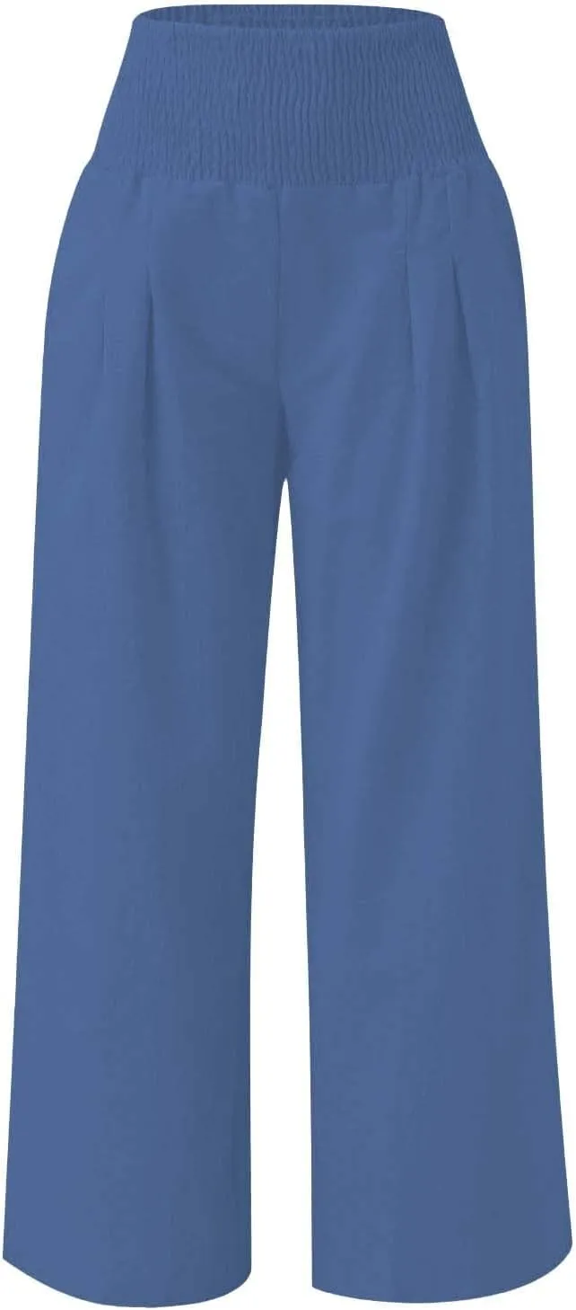 Cotton Linen Palazzo Pants for Girls Casual Smocked High Waist Wide Leg Long Pants Kids Summer Beach Lounge Trousers