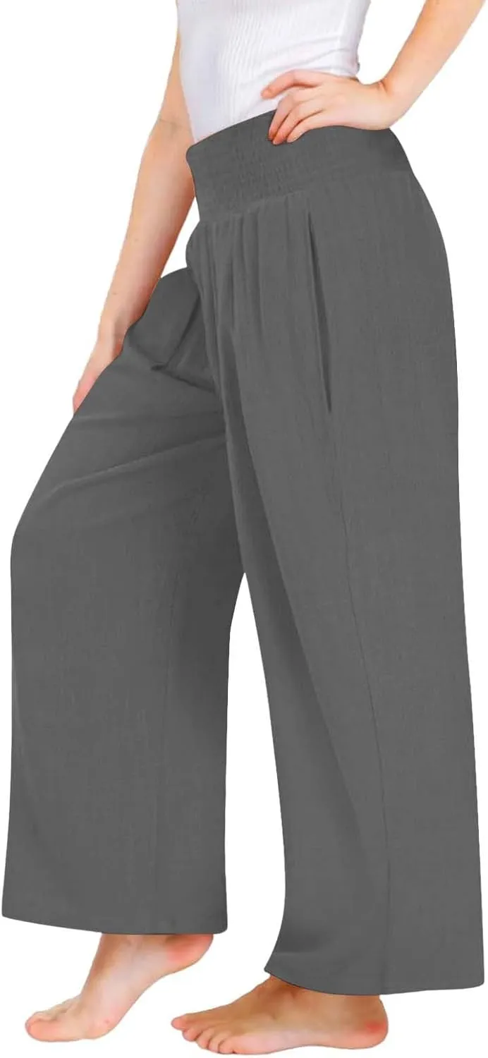 Cotton Linen Palazzo Pants for Girls Casual Smocked High Waist Wide Leg Long Pants Kids Summer Beach Lounge Trousers