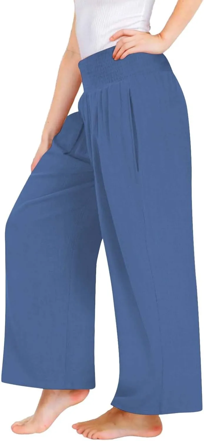 Cotton Linen Palazzo Pants for Girls Casual Smocked High Waist Wide Leg Long Pants Kids Summer Beach Lounge Trousers