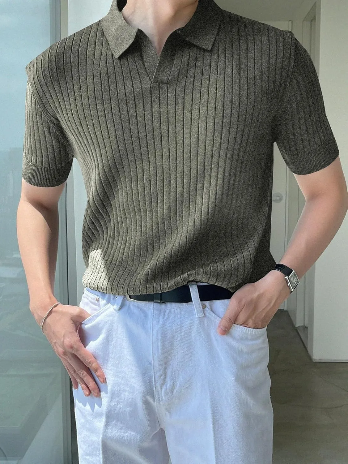 COZYEASE Men's Ribbed Knit Top V Neck Short Sleeve T Shirt Casual Plain Solid Tees Top Shirt