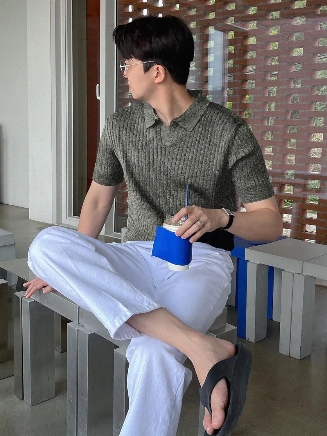 COZYEASE Men's Ribbed Knit Top V Neck Short Sleeve T Shirt Casual Plain Solid Tees Top Shirt