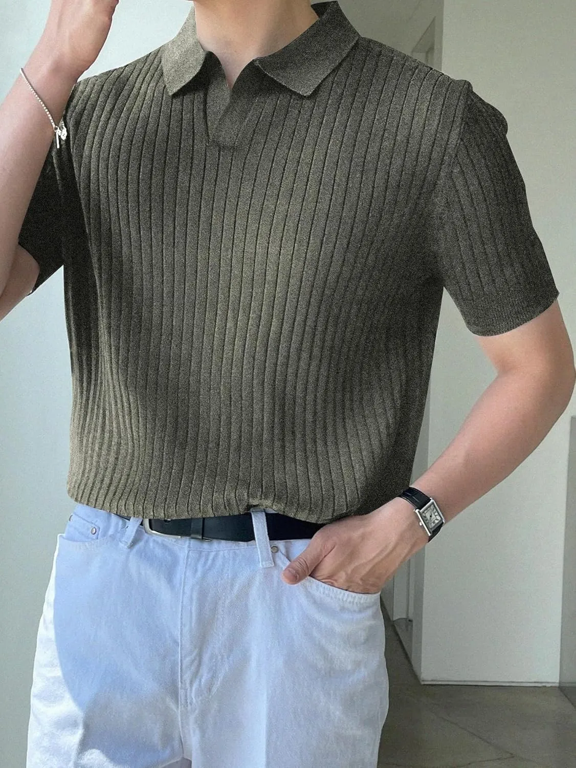 COZYEASE Men's Ribbed Knit Top V Neck Short Sleeve T Shirt Casual Plain Solid Tees Top Shirt