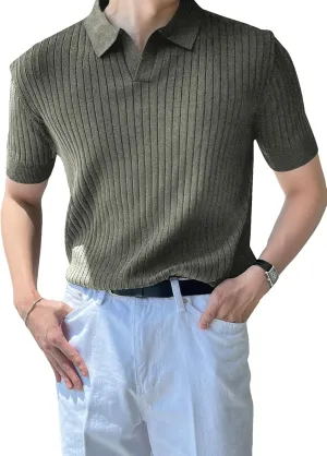 COZYEASE Men's Ribbed Knit Top V Neck Short Sleeve T Shirt Casual Plain Solid Tees Top Shirt