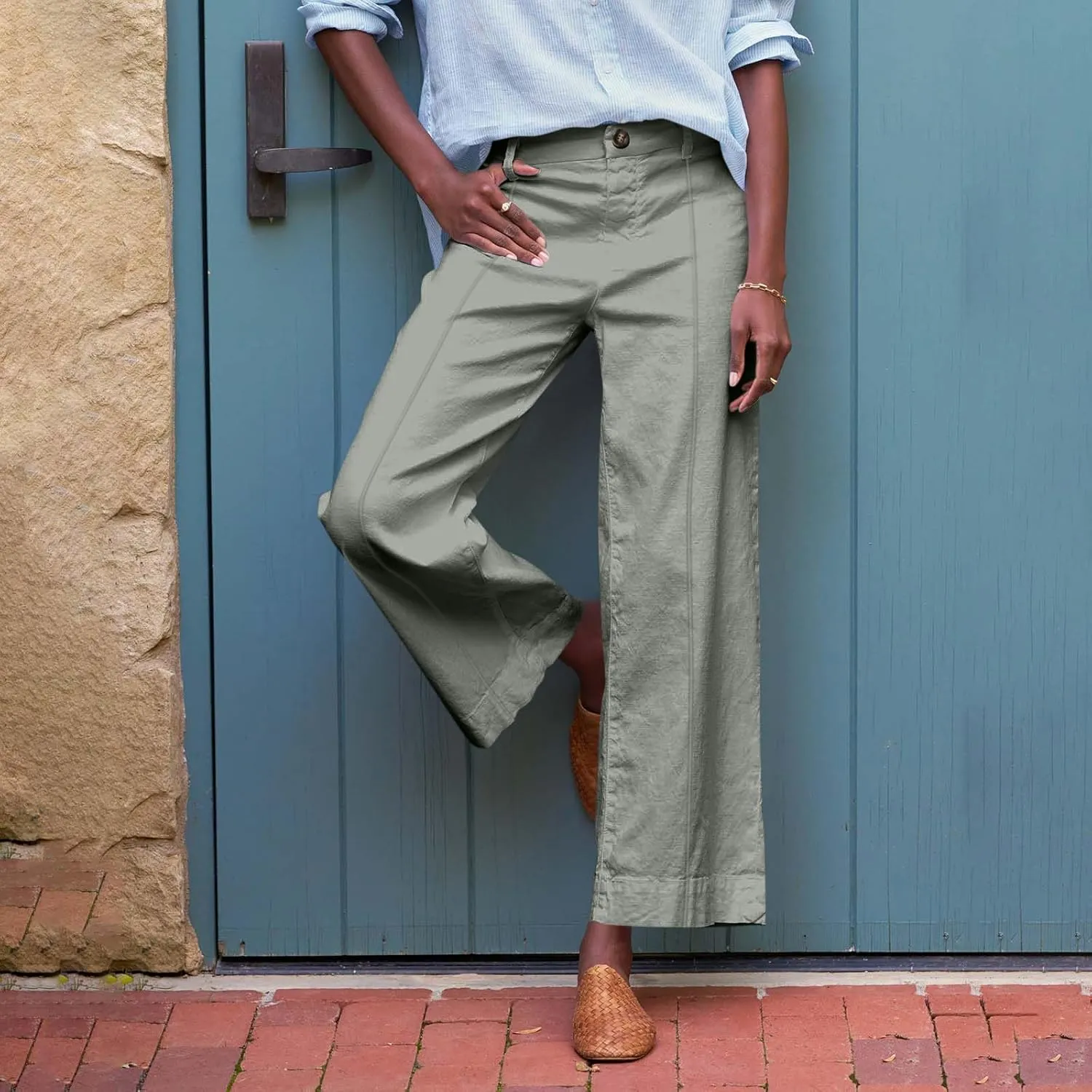 Cropped Linen Pants Women Summer Flare Wide Leg Pants High Waisted Work Pants Business Casual Bootcut Trouser Pants