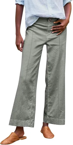 Cropped Linen Pants Women Summer Flare Wide Leg Pants High Waisted Work Pants Business Casual Bootcut Trouser Pants