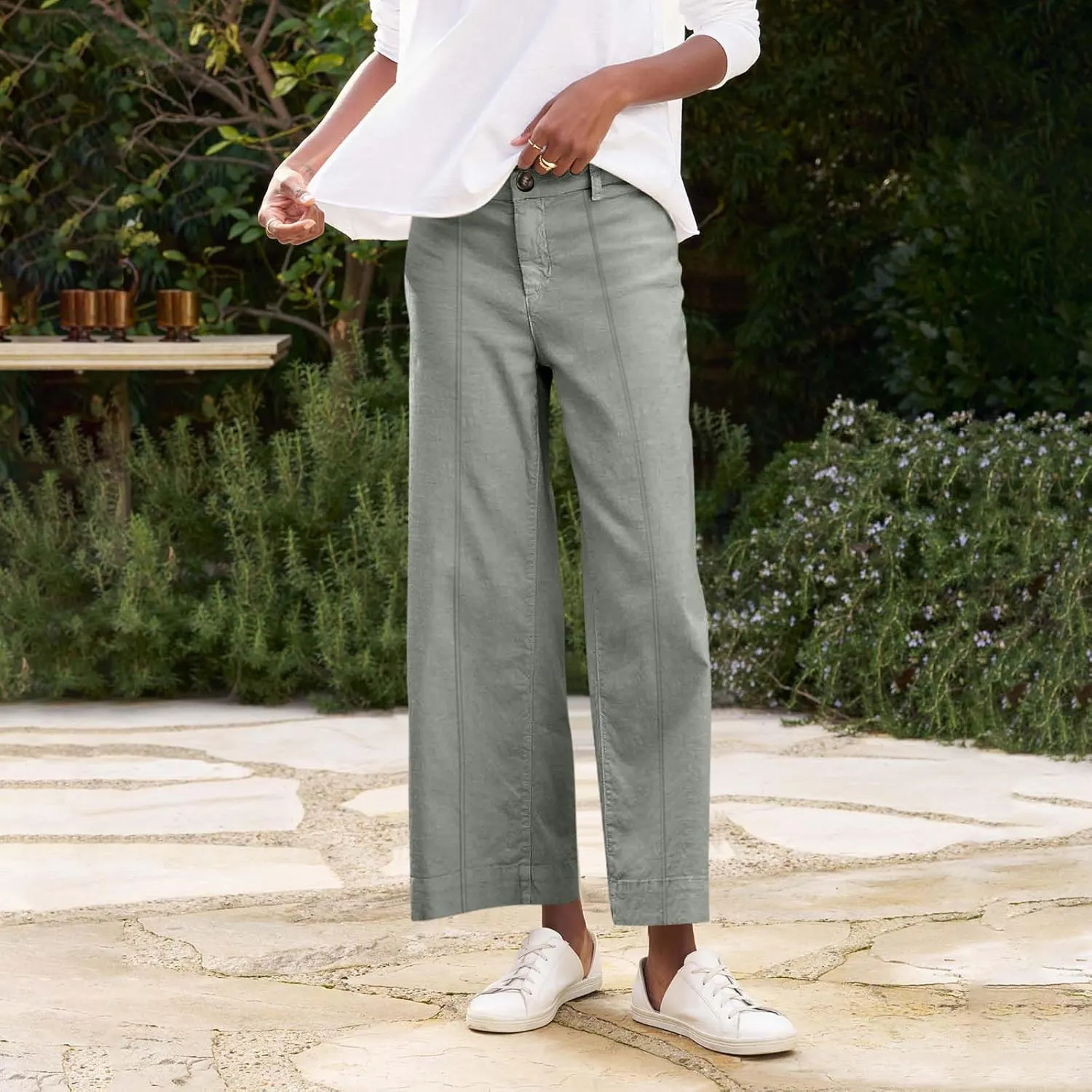 Cropped Linen Pants Women Summer Flare Wide Leg Pants High Waisted Work Pants Business Casual Bootcut Trouser Pants