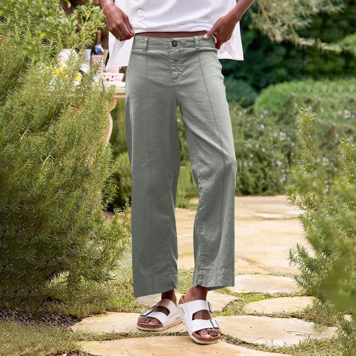 Cropped Linen Pants Women Summer Flare Wide Leg Pants High Waisted Work Pants Business Casual Bootcut Trouser Pants