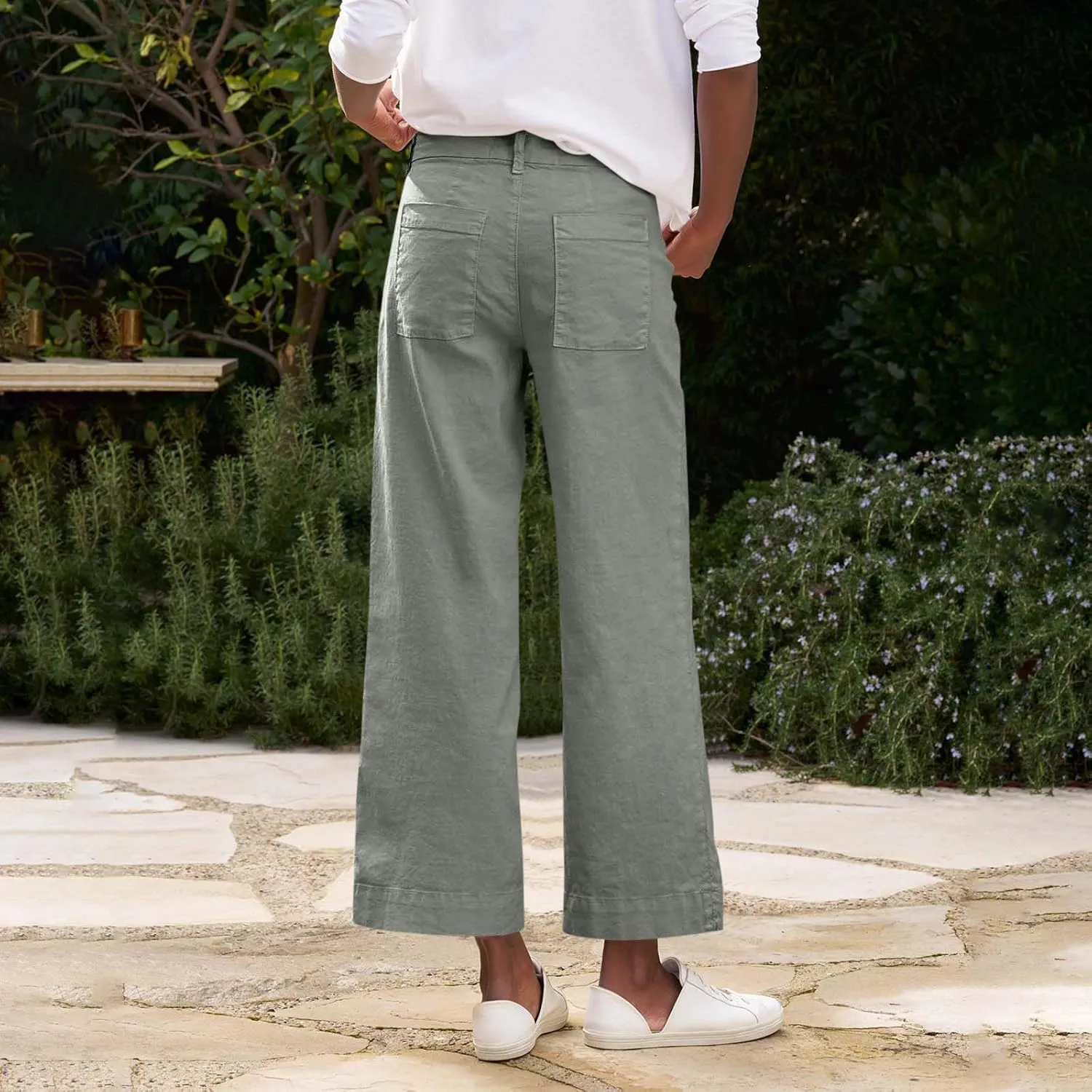 Cropped Linen Pants Women Summer Flare Wide Leg Pants High Waisted Work Pants Business Casual Bootcut Trouser Pants