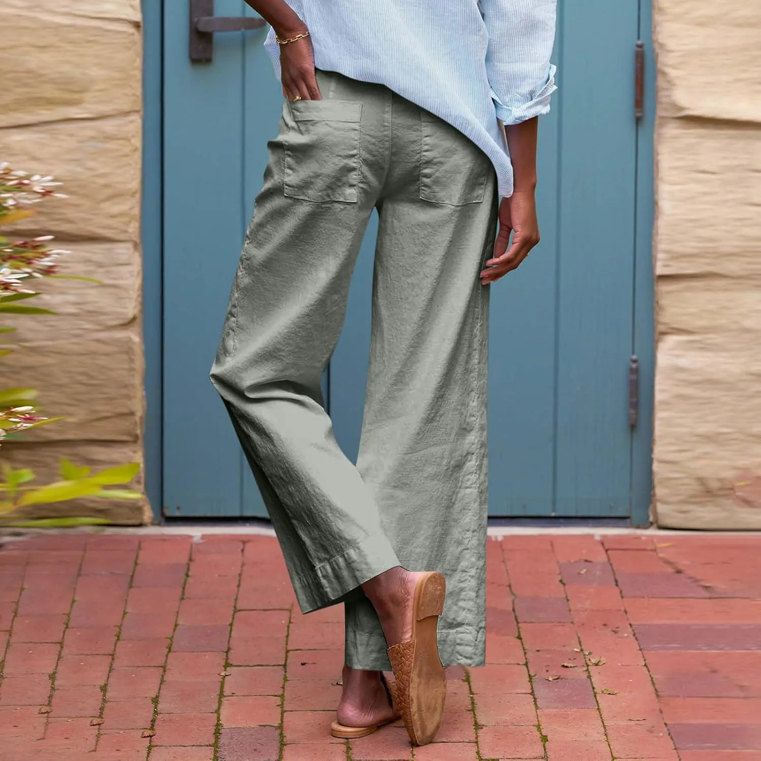 Cropped Linen Pants Women Summer Flare Wide Leg Pants High Waisted Work Pants Business Casual Bootcut Trouser Pants