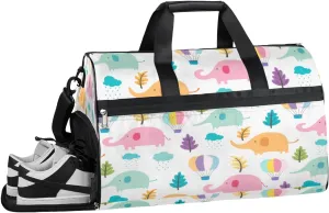 Cute Elephant Print Sports Gym Bag with Wet Pocket & Shoes Compartment Waterproof Workout Duffel Bag for Women and Men Weekender Overnight Duffle Bag Travel Carry-on Tote