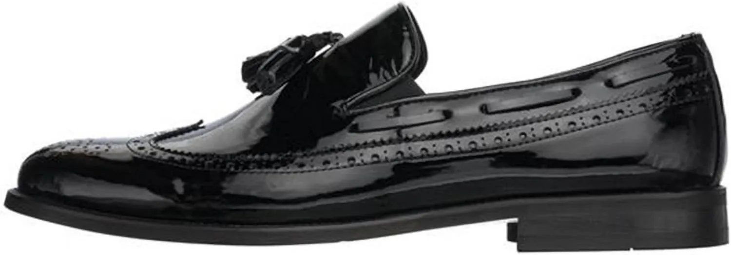 DALGALA Men's Black Patent Leather King Size Handmade Wingtip Tassel Loafer Shoes