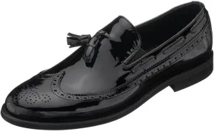DALGALA Men's Black Patent Leather King Size Handmade Wingtip Tassel Loafer Shoes