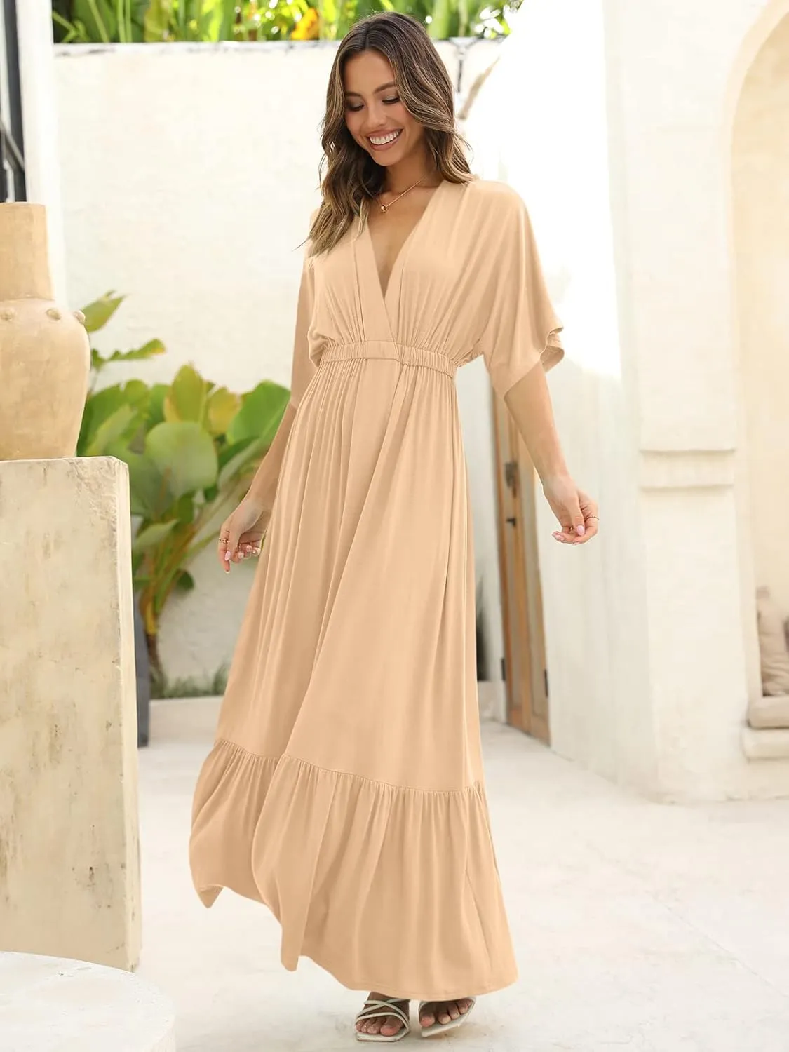 DEEP SELF Women’s Summer V Neck Batwing Short Sleeve Maxi Dress Casual Loose High Waist Flowy Long Beach Dress