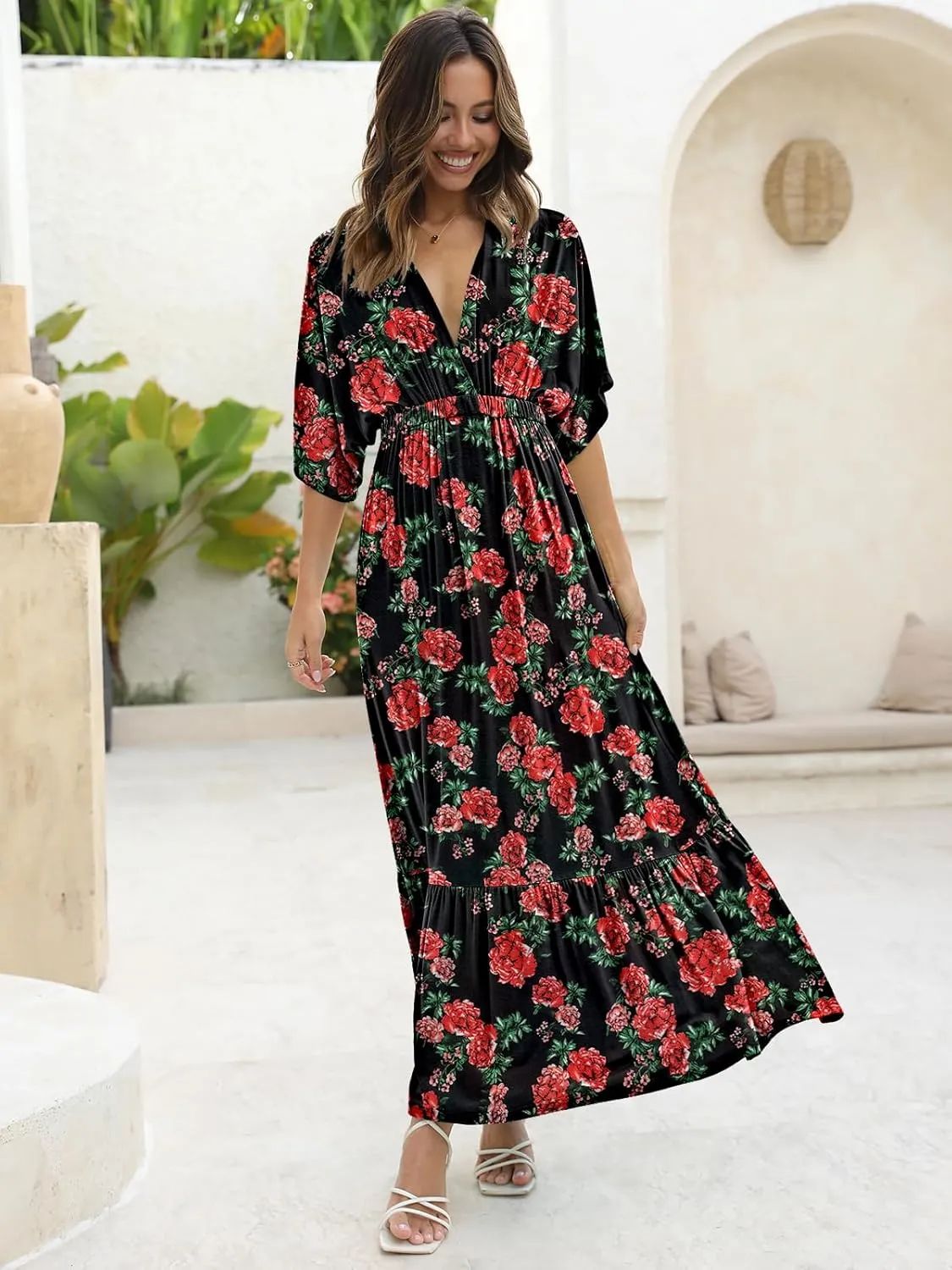 DEEP SELF Womens Summer V Neck Batwing Short Sleeve Maxi Dress Casual Loose High Waist Flowy Long Beach Dress