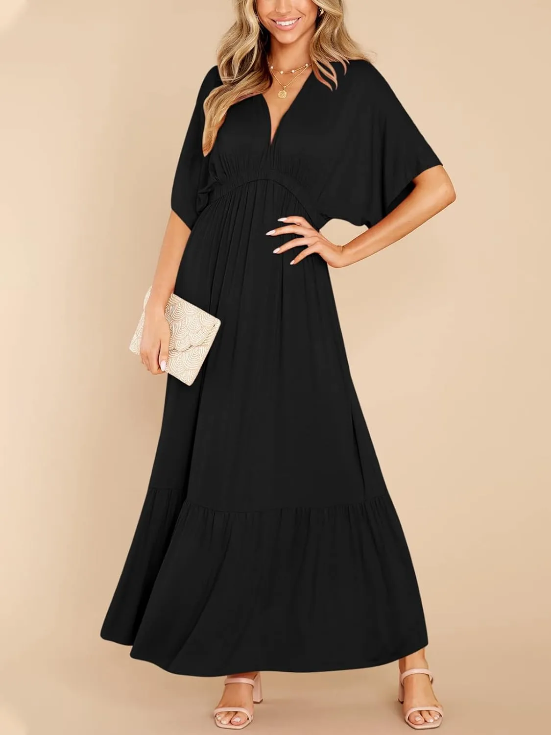 DEEP SELF Womens Summer V Neck Batwing Short Sleeve Maxi Dress Casual Loose High Waist Flowy Long Beach Dress