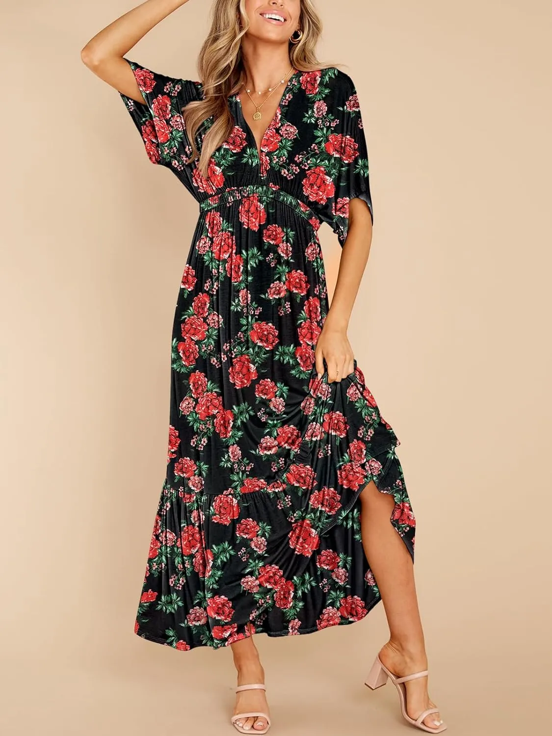 DEEP SELF Womens Summer V Neck Batwing Short Sleeve Maxi Dress Casual Loose High Waist Flowy Long Beach Dress