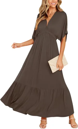 DEEP SELF Womens Summer V Neck Batwing Short Sleeve Maxi Dress Casual Loose High Waist Flowy Long Beach Dress