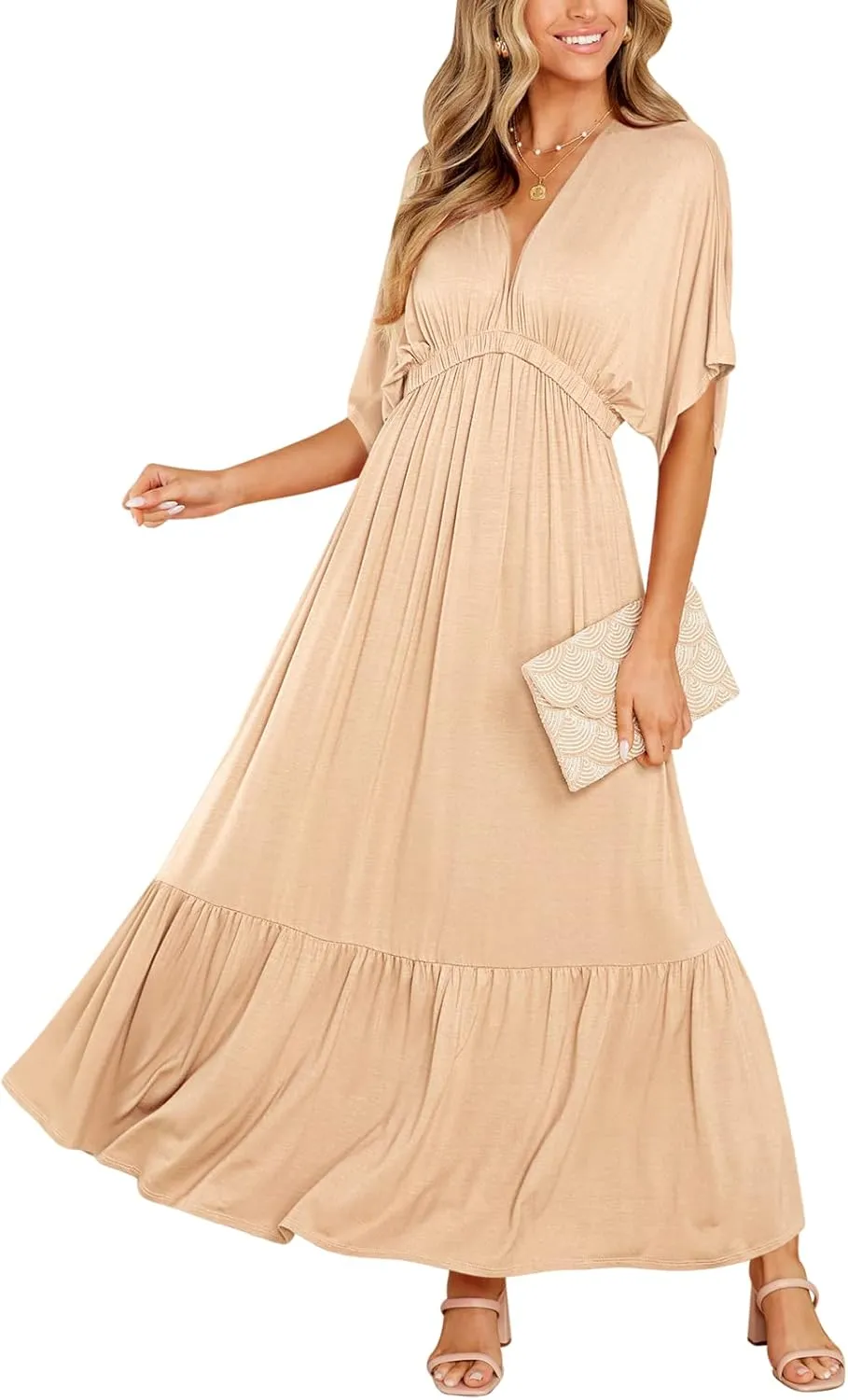 DEEP SELF Women’s Summer V Neck Batwing Short Sleeve Maxi Dress Casual Loose High Waist Flowy Long Beach Dress