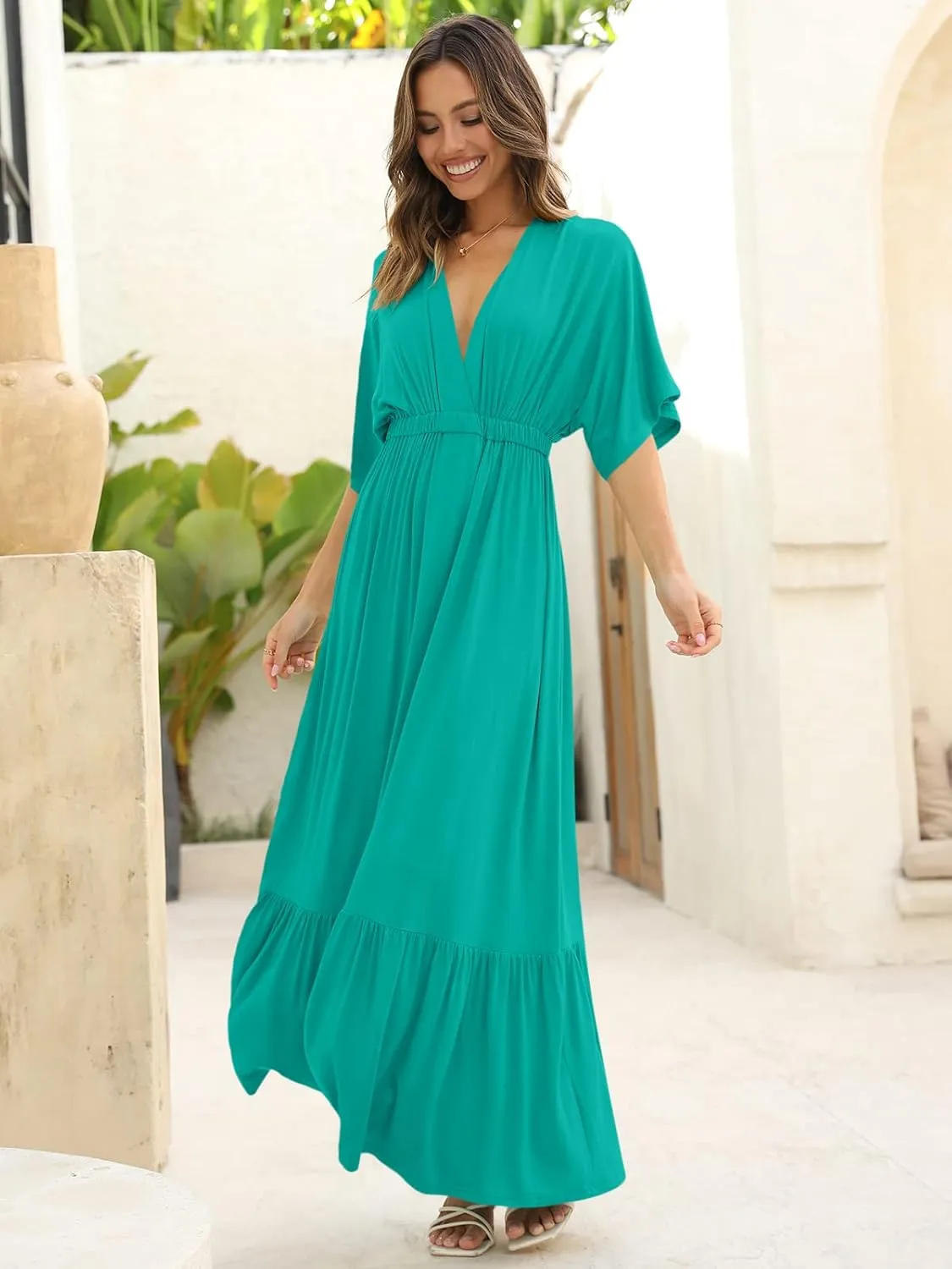 DEEP SELF Women’s Summer V Neck Batwing Short Sleeve Maxi Dress Casual Loose High Waist Flowy Long Beach Dress