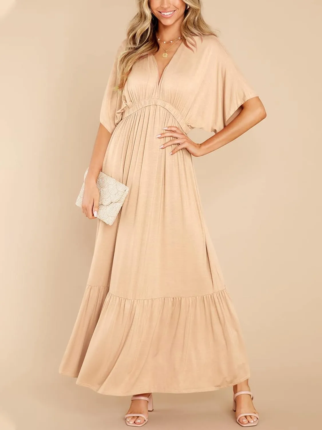 DEEP SELF Women’s Summer V Neck Batwing Short Sleeve Maxi Dress Casual Loose High Waist Flowy Long Beach Dress
