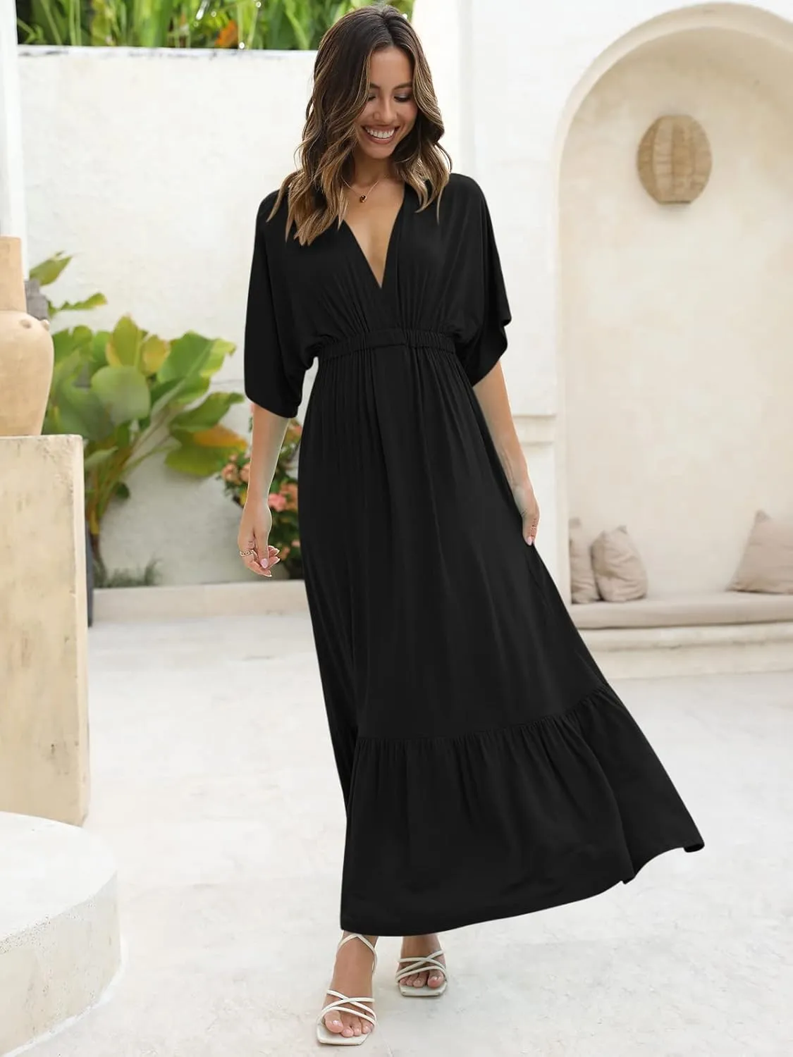DEEP SELF Womens Summer V Neck Batwing Short Sleeve Maxi Dress Casual Loose High Waist Flowy Long Beach Dress