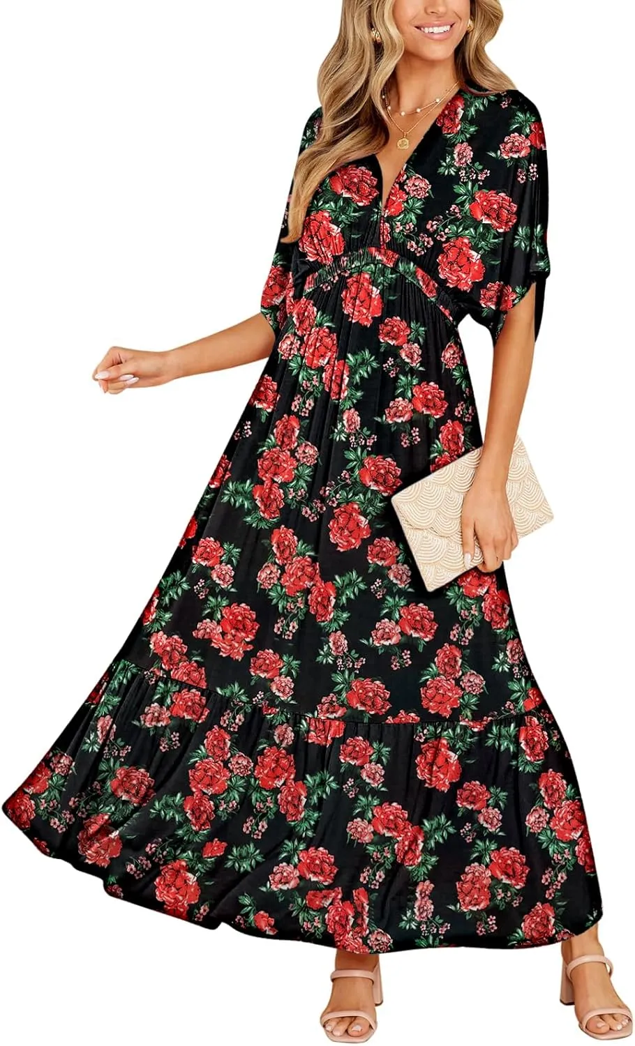 DEEP SELF Womens Summer V Neck Batwing Short Sleeve Maxi Dress Casual Loose High Waist Flowy Long Beach Dress
