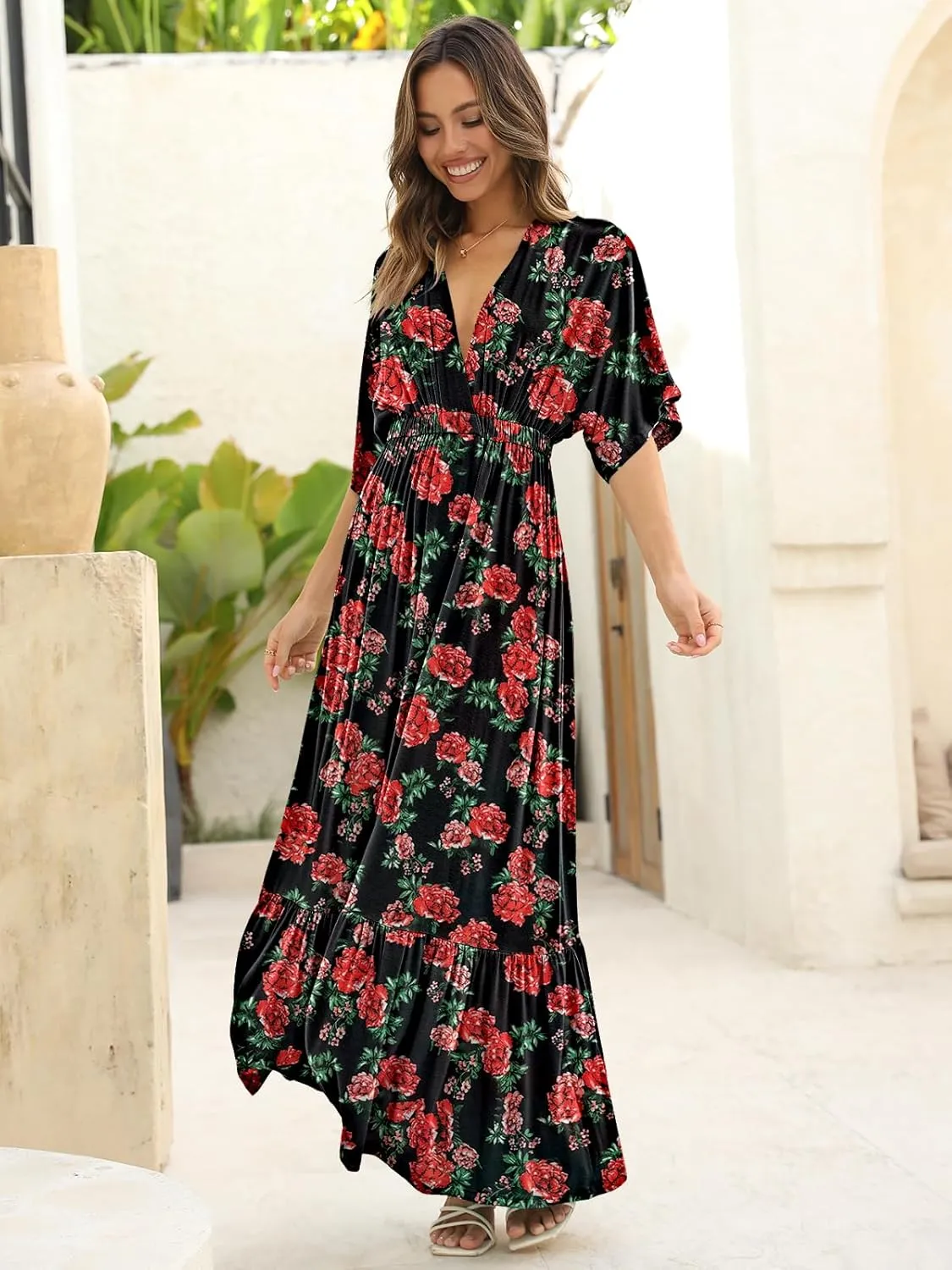 DEEP SELF Womens Summer V Neck Batwing Short Sleeve Maxi Dress Casual Loose High Waist Flowy Long Beach Dress