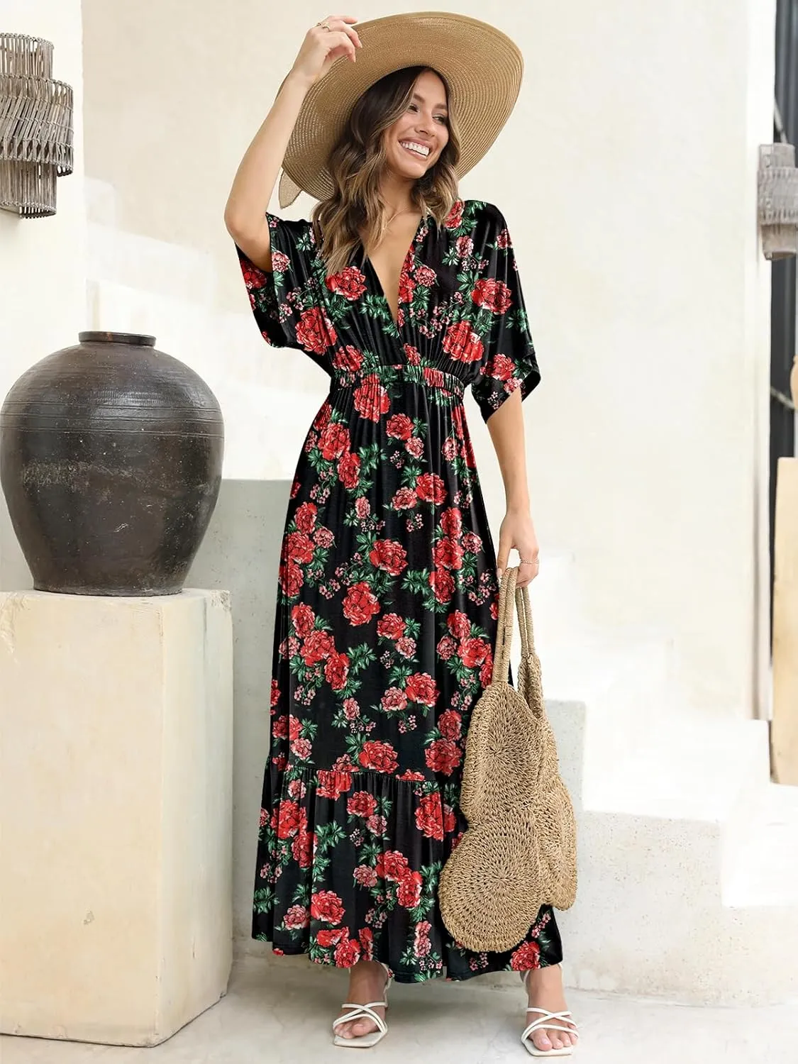 DEEP SELF Womens Summer V Neck Batwing Short Sleeve Maxi Dress Casual Loose High Waist Flowy Long Beach Dress