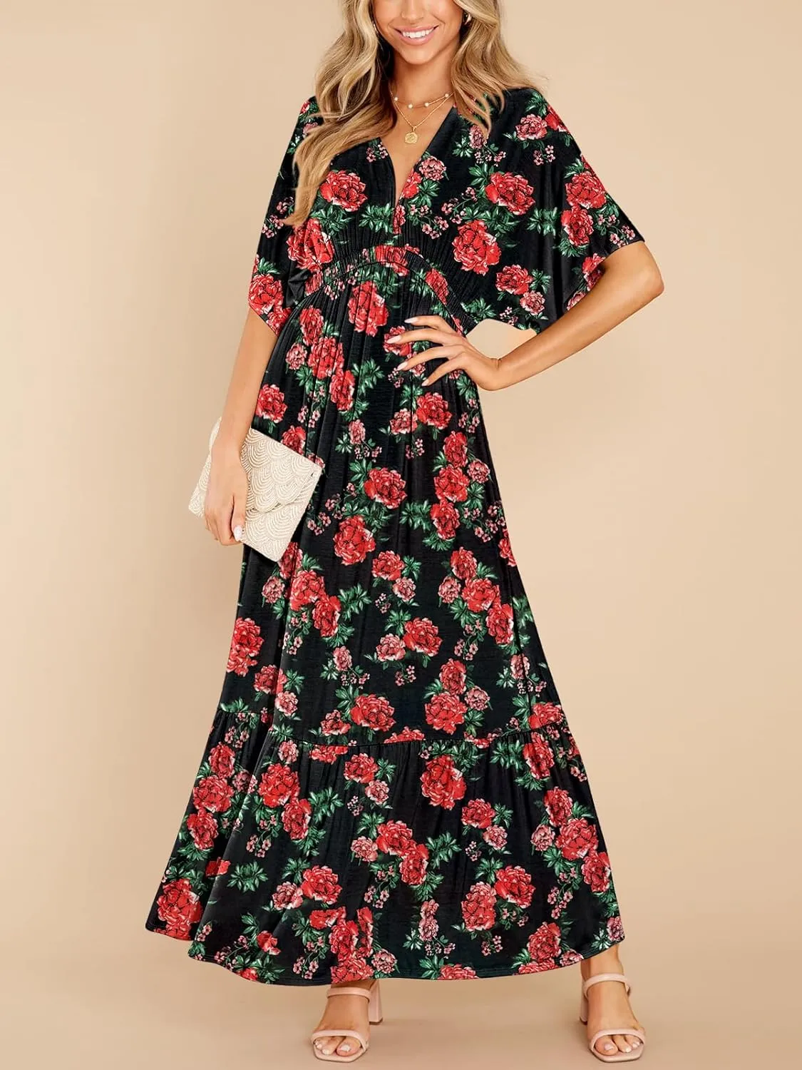 DEEP SELF Womens Summer V Neck Batwing Short Sleeve Maxi Dress Casual Loose High Waist Flowy Long Beach Dress
