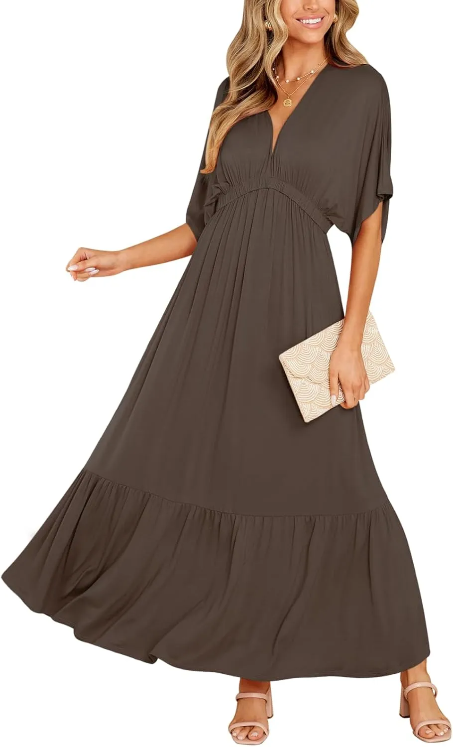 DEEP SELF Womens Summer V Neck Batwing Short Sleeve Maxi Dress Casual Loose High Waist Flowy Long Beach Dress