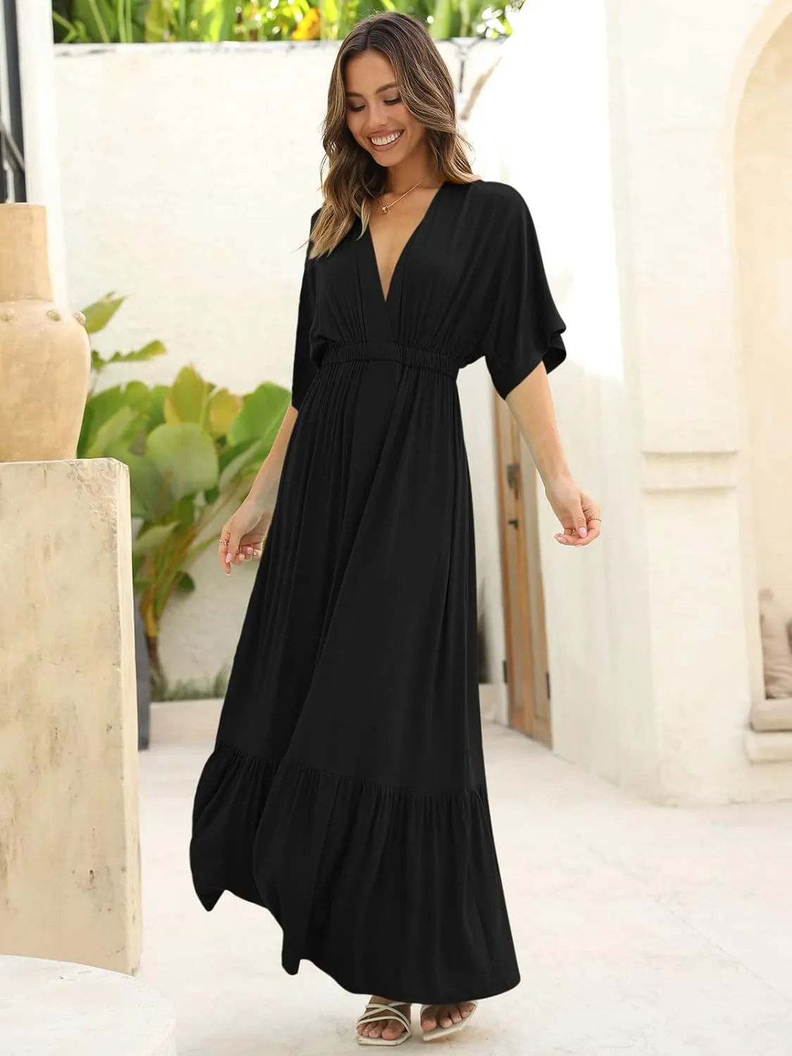 DEEP SELF Womens Summer V Neck Batwing Short Sleeve Maxi Dress Casual Loose High Waist Flowy Long Beach Dress