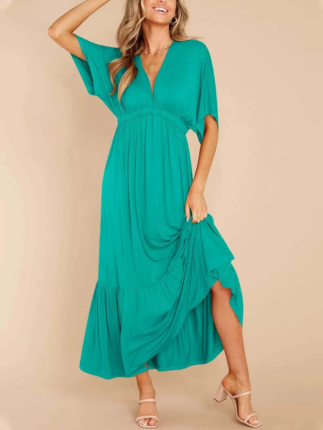 DEEP SELF Women’s Summer V Neck Batwing Short Sleeve Maxi Dress Casual Loose High Waist Flowy Long Beach Dress