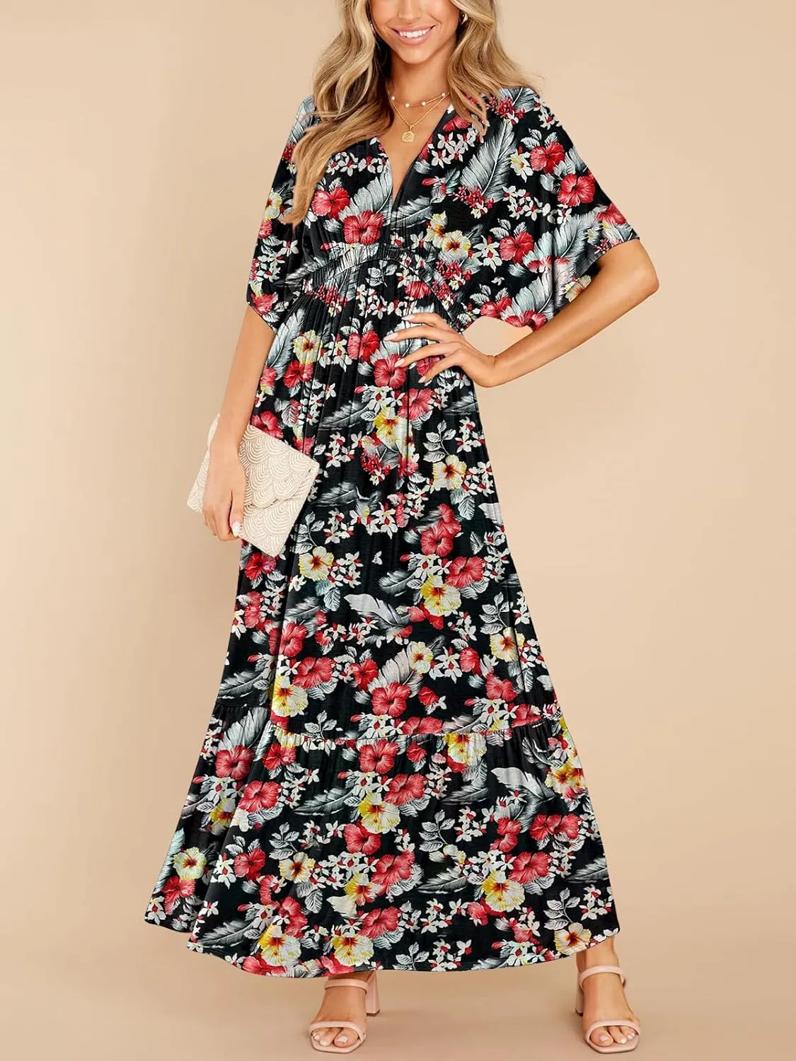 DEEP SELF Womens Summer V Neck Batwing Short Sleeve Maxi Dress Casual Loose High Waist Flowy Long Beach Dress